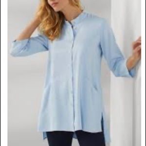 Soft Surroundings Blouse Tunic 3/4 Sleeve Pockets Mandarin Collar Devonias Blue
